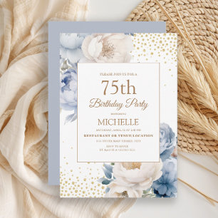 Dusty Blue White Floral Gold Glitzer 75. Geburtsta Einladung