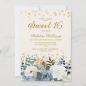 Dusty Blue White Floral Gold Glitzer Sweet 16 Einladung (Vorderseite)