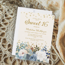 Dusty Blue White Floral Gold Glitzer Sweet 16