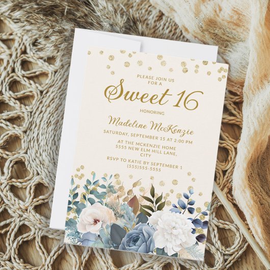 Dusty Blue White Floral Gold Glitzer Sweet 16 Einladung