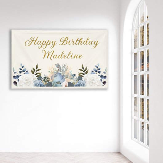 Dusty Blue White Floral Gold Happy Geburtsname Banner