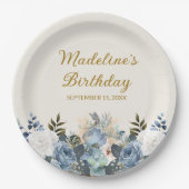 Dusty Blue White Floral Gold Happy Geburtsname Pappteller (Vorderseite)