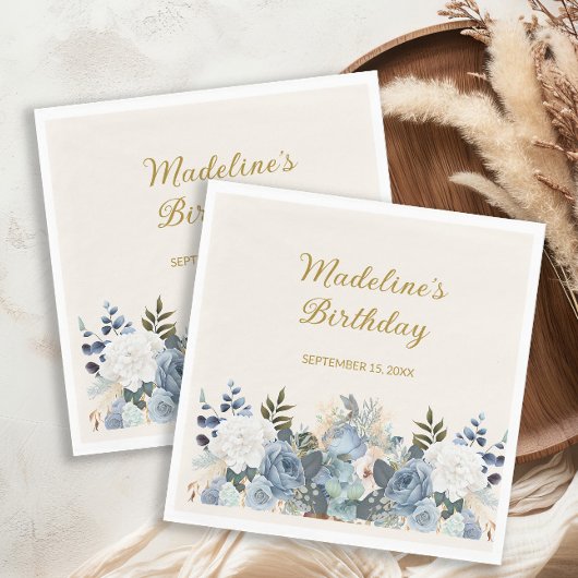 Dusty Blue White Floral Gold Happy Geburtsname Serviette