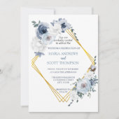 Dusty Blue White Floral Gold Rahmen Wedding Einladung (Vorderseite)
