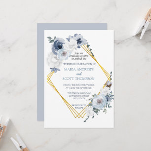 Dusty Blue White Floral Gold Rahmen Wedding Einladung