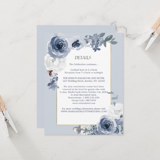 Dusty Blue White Floral Gold Wedding Details Card Einladung (Vorderseite/Rückseite Beispiel)