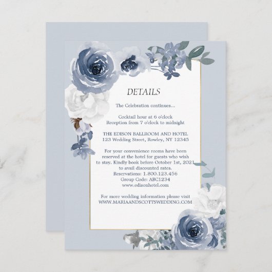 Dusty Blue White Floral Gold Wedding Details Card Einladung (Vorne/Hinten)