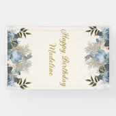 Dusty Blue White Floral Happy Birthday Vertikal Banner (Horizontal)