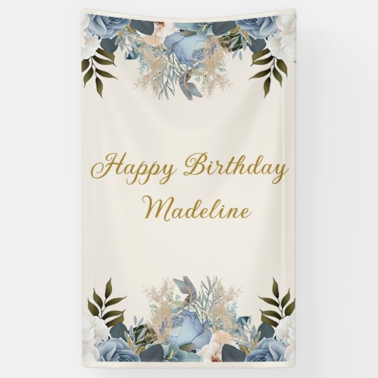Dusty Blue White Floral Happy Birthday Vertikal Banner (Vertikal)