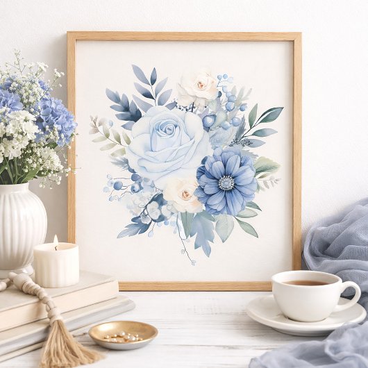 Dusty Blue White Floral Home Decor Poster