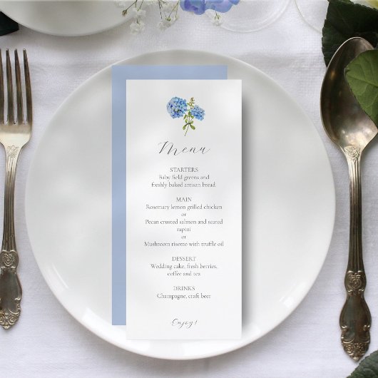 Dusty Blue & White Floral Hydrangea Wedding Menu Menükarte