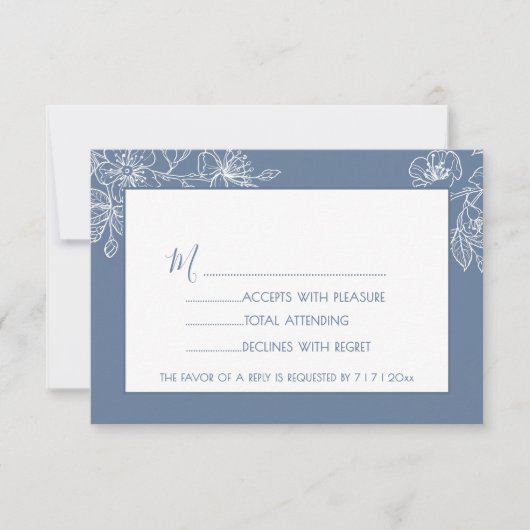  Dusty Blue White Floral Line Art RSVP (Vorderseite)