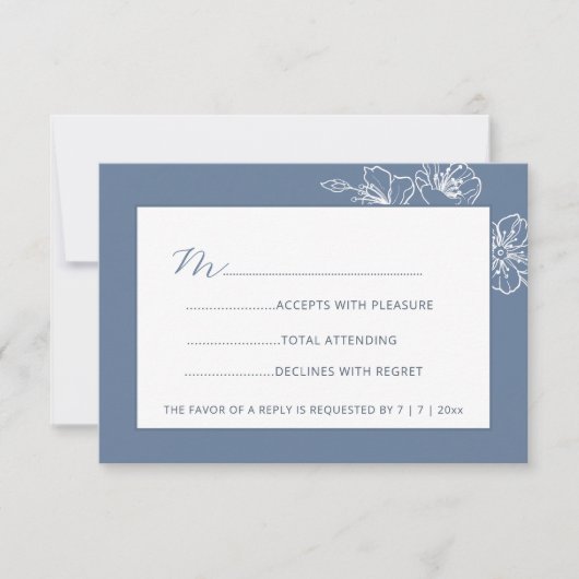  Dusty Blue White Floral Line Art RSVP Karte (Vorderseite)