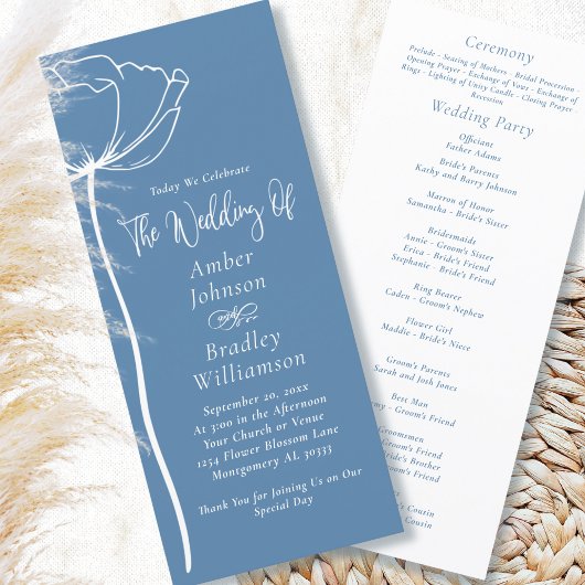 Dusty Blue White Floral Moderne Minimale Hochzeit Programm