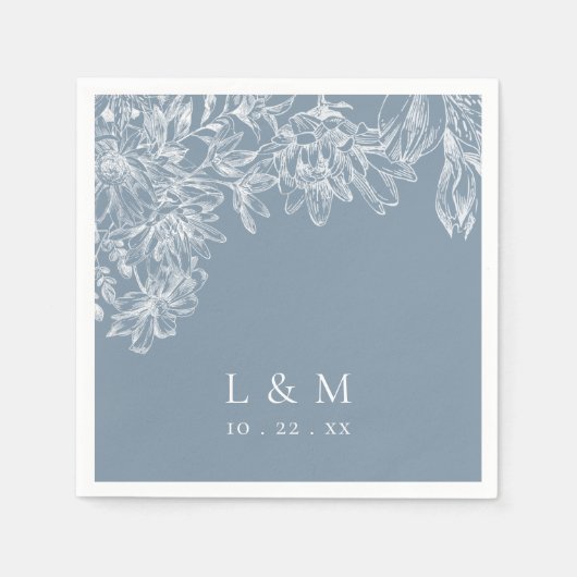 Dusty Blue White Floral Monogram Wedding Napkins Serviette (Vorderseite)