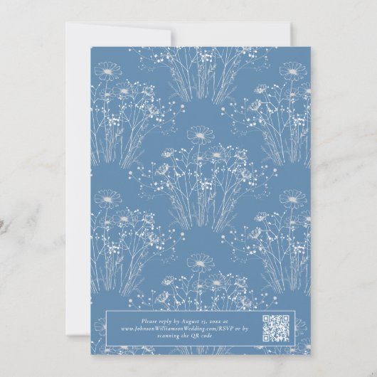 Dusty Blue White Floral QR Code Elegante Hochzeit Einladung (Rückseite)