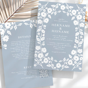 Dusty Blue White Floral QR UAWG All-In-One Hochzei Einladung