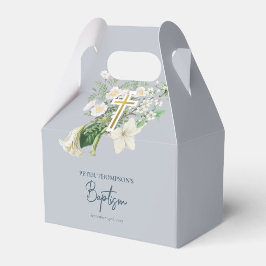 Dusty Blue White Floral Religious Cross Baptism Geschenkschachtel (Vorderseite)