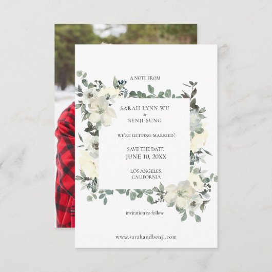 Dusty Blue & White Floral Save the Date w Foto (Vorne/Hinten)