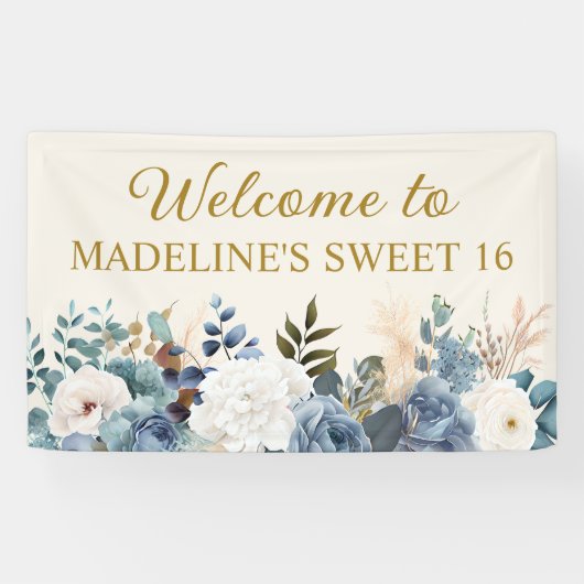 Dusty Blue White Floral Sweet 16 Willkommen Banner (Horizontal)