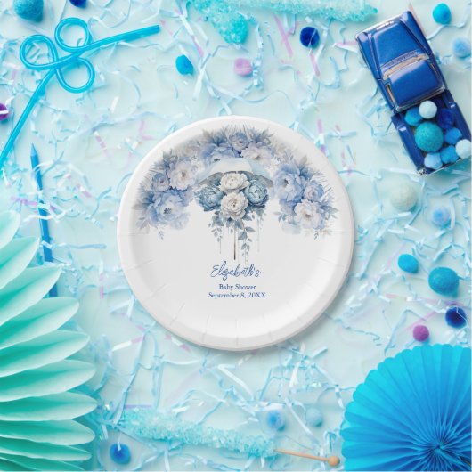 Dusty Blue White Floral Umbrella Baby Dusche Pappteller (Party)