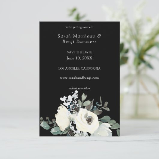 Dusty Blue & White Floral V3 - Black Save The Date (Stehend Vorderseite)