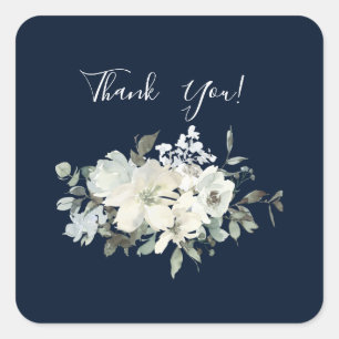 Dusty Blue & White Floral Vielen Dank - Navy Quadratischer Aufkleber