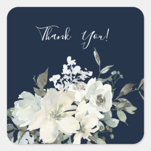 Dusty Blue & White Floral Vielen Dank - Navy V2 Quadratischer Aufkleber