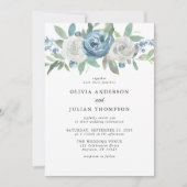 Dusty Blue & White Floral Watercolor Wedding Einladung (Vorderseite)
