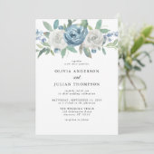 Dusty Blue & White Floral Watercolor Wedding Einladung (Stehend Vorderseite)