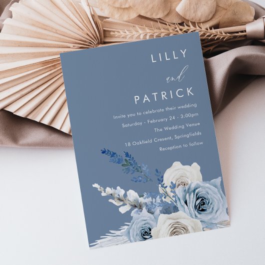 Dusty Blue & White Floral Watercolor Wedding Einladung