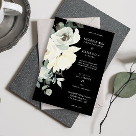 Dusty Blue & White Floral Wedding - Black Einladung