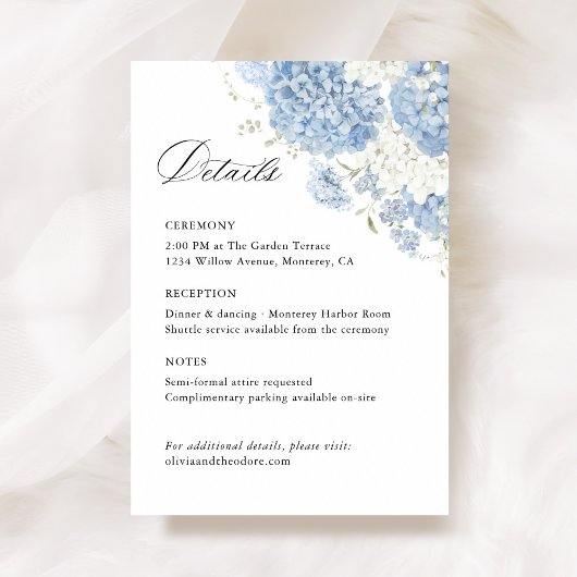 Dusty Blue White Floral Wedding Details, Info Begleitkarte
