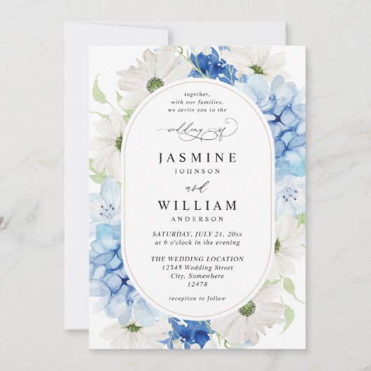 Dusty Blue & White Floral Wedding Einladung (Vorderseite)