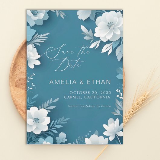 Dusty Blue White Floral Wedding Save Date Save The Date