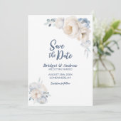 Dusty Blue White Floral Wedding Save The Date (Stehend Vorderseite)