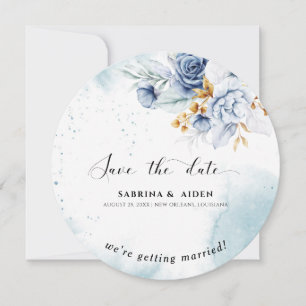 Dusty Blue White Gold Floral Foto Wedding Einladung