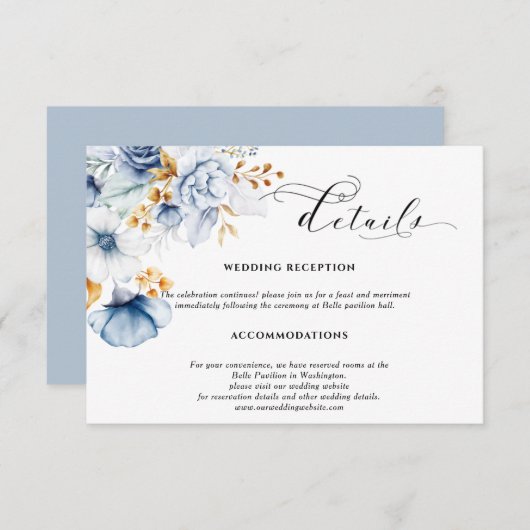 Dusty Blue White Gold Floral Wedding Begleitkarte (Vorne/Hinten)