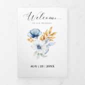 Dusty Blue White Gold Floral Wedding Dreifach Gefaltete Ankündigung (Cover)