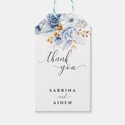Dusty Blue White Gold Floral Wedding Geschenkanhänger (Vorderseite)