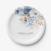 Dusty Blue White Gold Floral Wedding Pappteller (Vorderseite)