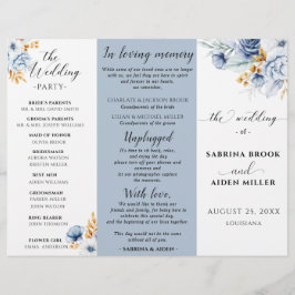 Dusty Blue White Gold Floral Wedding Program