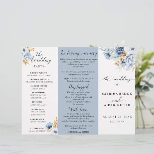 Dusty Blue White Gold Floral Wedding Program (Stehend Vorderseite)