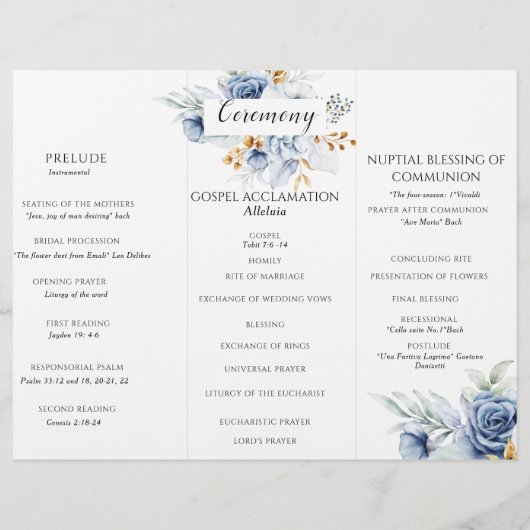 Dusty Blue White Gold Floral Wedding Program (Rückseite)