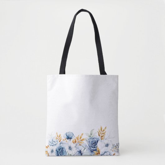 Dusty Blue White Gold Floral Wedding Tasche (Vorderseite)