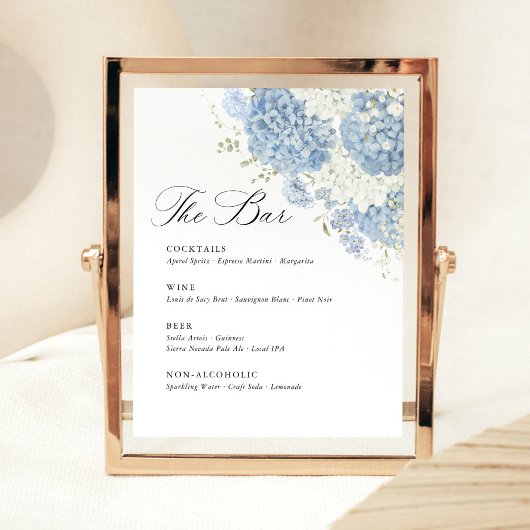 Dusty Blue White Hydrangea Wedding Bar Menu Sockelschild