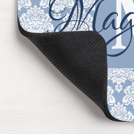 Dusty Blue & White Lacy Damask Monogram & Name Mousepad (Ecke)