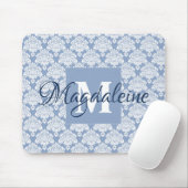 Dusty Blue & White Lacy Damask Monogram & Name Mousepad (Mit Mouse)