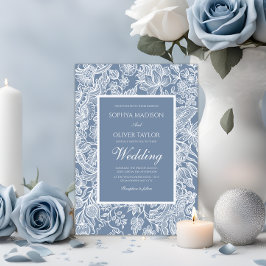 Dusty Blue White Line Art Floral Botanisch Einladung