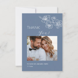 Dusty Blue White Line Art  Flowers Thank You Card Dankeskarte